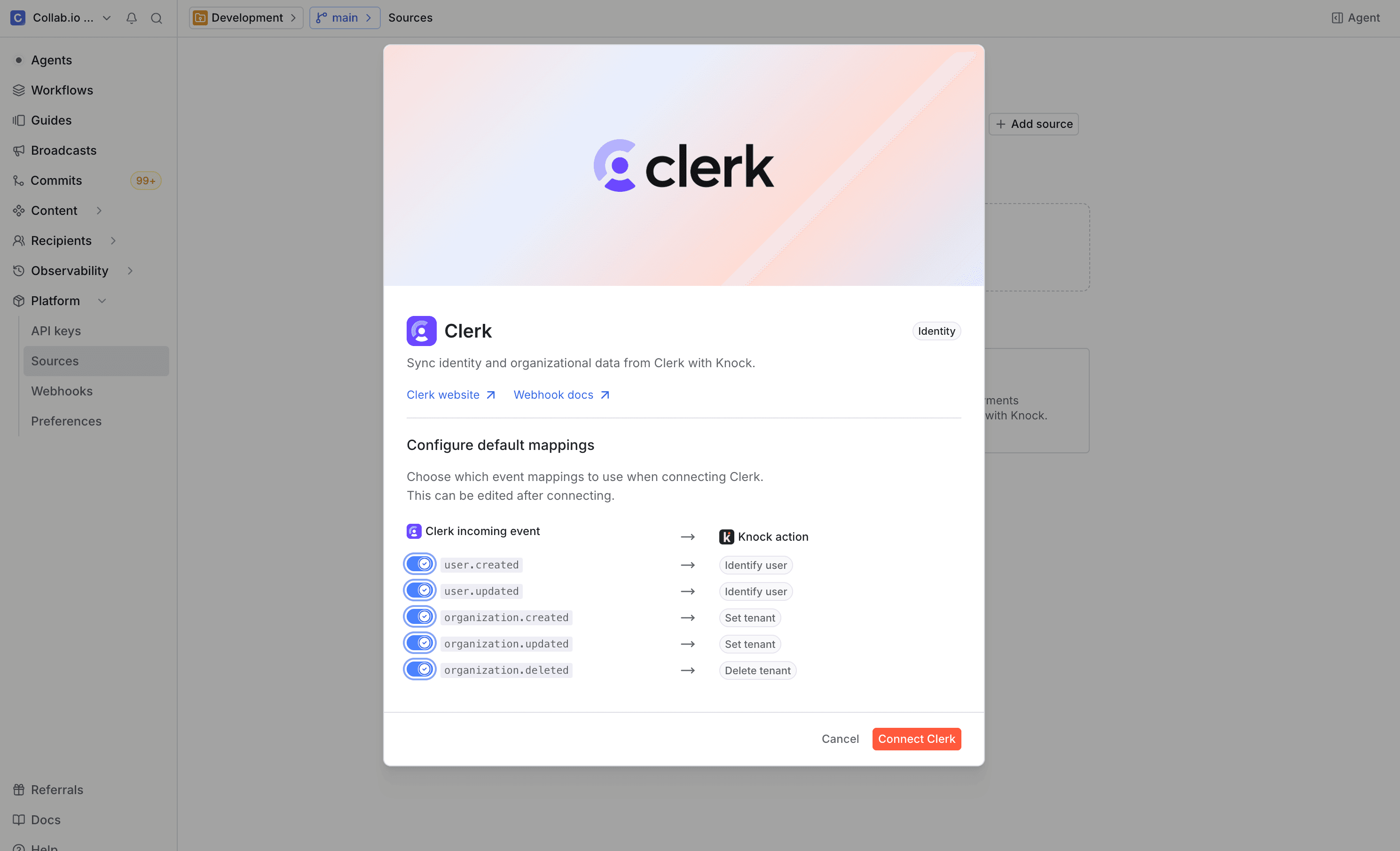 The Clerk source creation modal showing default action mappings for incoming events