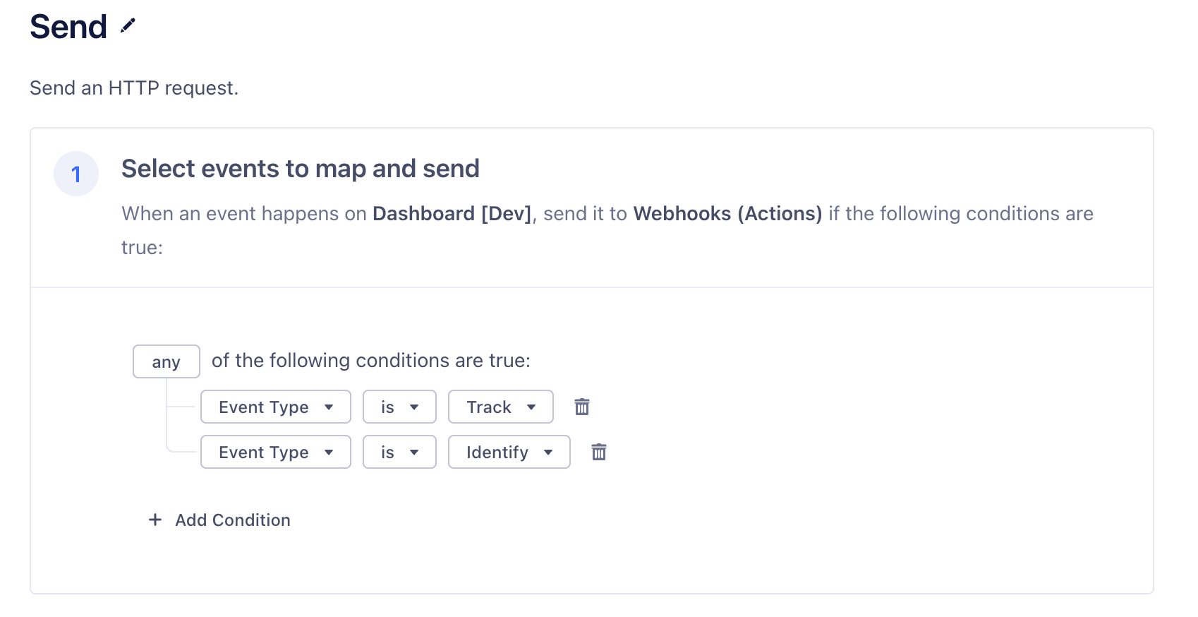 The Segment webhook mapping configuration showing event type conditions